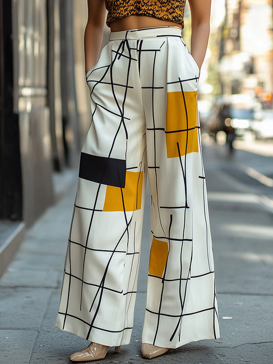 High Waisted Loose Asymmetric Printed Split-Joint Pants Trousers