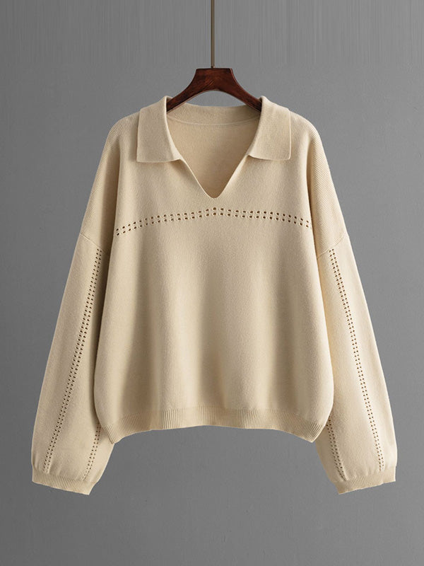 Loose Puff Sleeves Hollow Solid Color Sweater + Elasticity Skirt Two Pieces Set