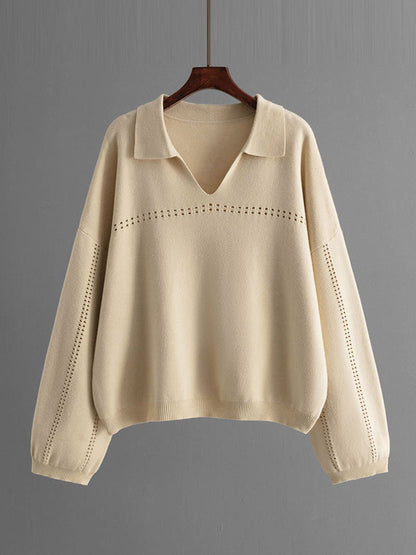 Loose Puff Sleeves Hollow Solid Color Sweater + Elasticity Skirt Two Pieces Set
