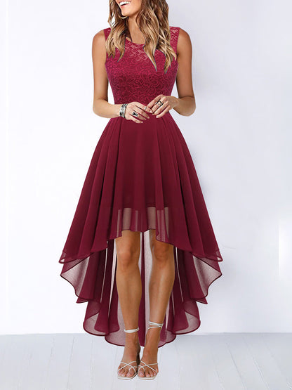 A-Line High Waisted Pleated See-Through Split-Joint Tied Waist Round-Neck Maxi Dresses