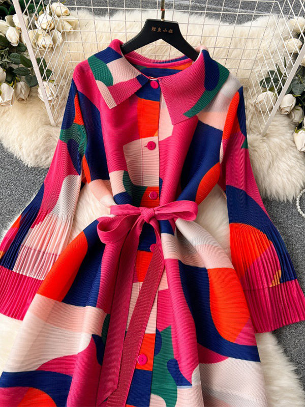 Flared Sleeves Loose Belted Contrast Color Pleated Midi Dresses