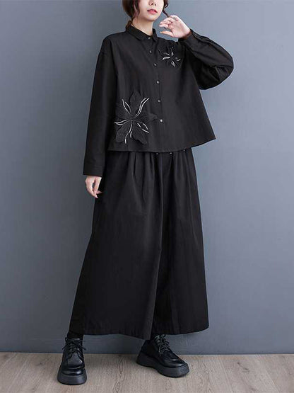 Long Sleeves Loose Applique Buttoned Embroidered Lapel Blouses&Shirts Tops