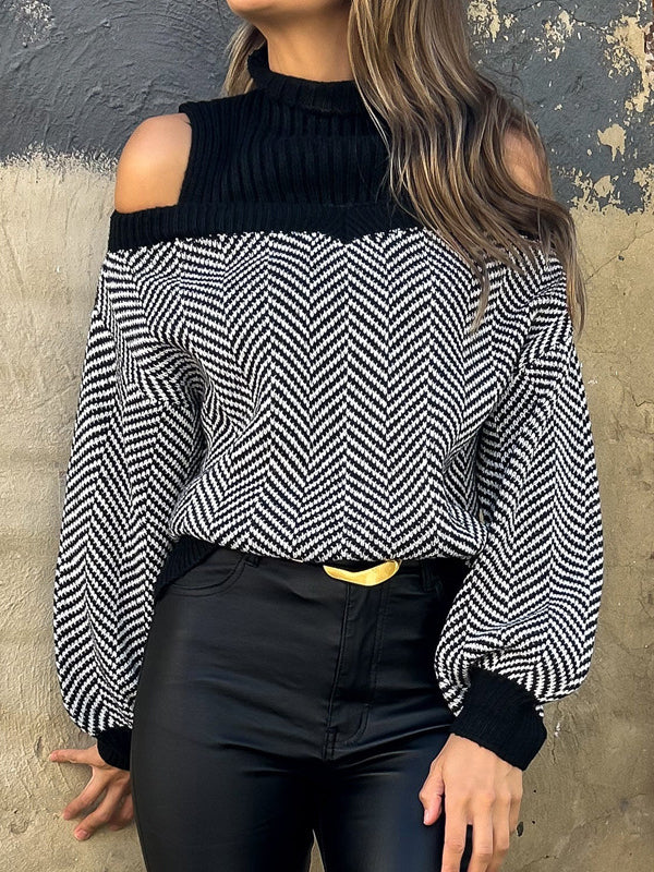 Loose Puff Sleeves Contrast Color Split-Joint Cold Shoulder Sweater Tops