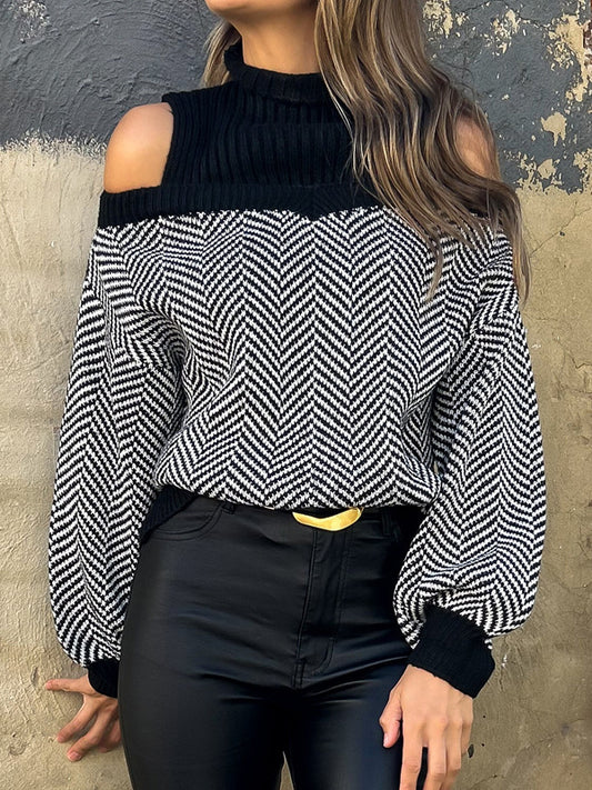 Loose Puff Sleeves Contrast Color Split-Joint Cold Shoulder Sweater Tops