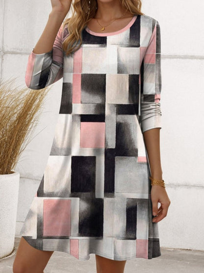 A-Line Irregularity Asymmetric Printed Split-Joint Striped Round-Neck Midi Dresses