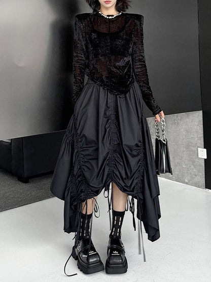 A-Line Elasticated Waist Asymmetric Drawstring Pleated Solid Color Skirts Bottoms