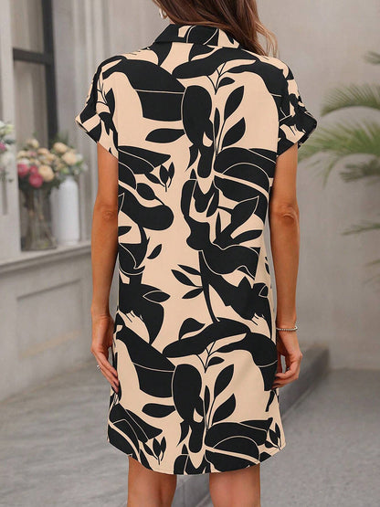 Short Sleeves Buttoned Contrast Color Printed Lapel Mini Dresses Shirt Dress
