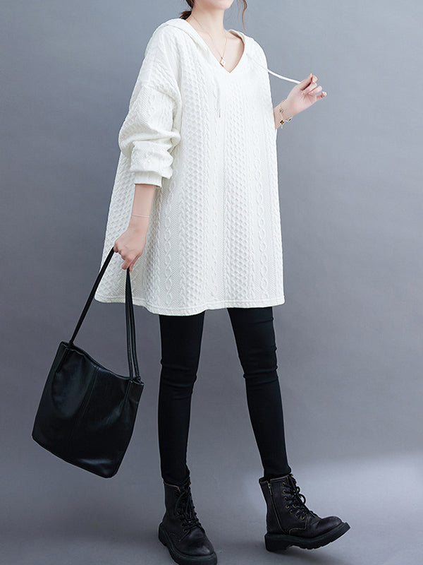 Hooded Long Sleeves Drawstring Jacquard Solid Color Split-Joint Hoodies Tops