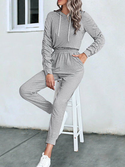 Solid Color Long Sleeves Pleated V-Neck Hoodies Top + Drawstring Elasticity Pants Bottom Two Pieces Set