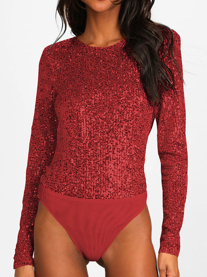 Long Sleeves Skinny Backless Sequined Split-Joint Round-Neck Bodysuits