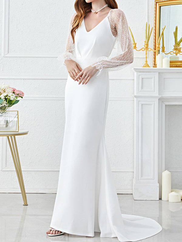 Long Sleeves Mermaid Gauze Split-Joint V-Neck Maxi Dresses
