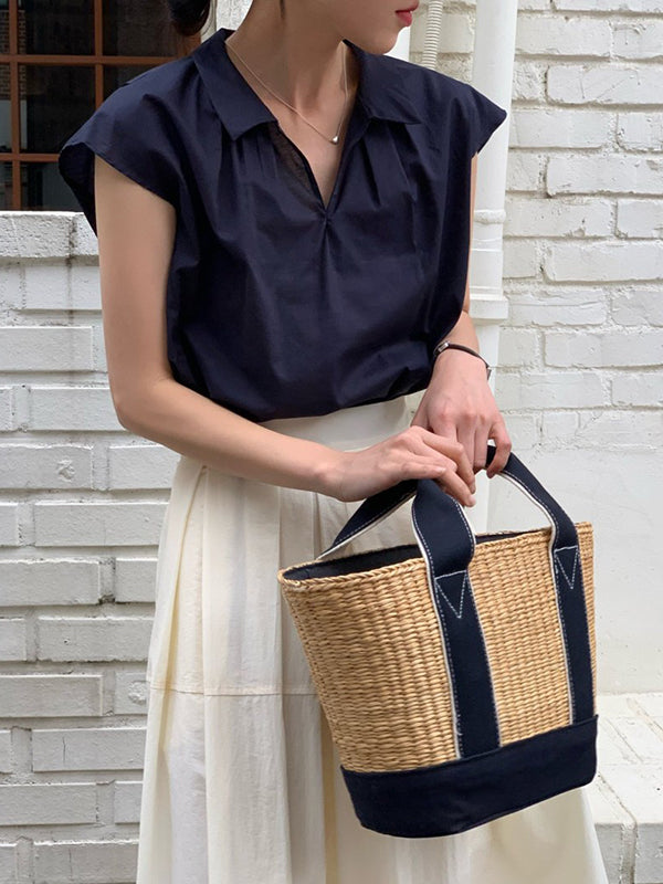 Cap Sleeve Loose Solid Color Lapel Blouses&Shirts Tops