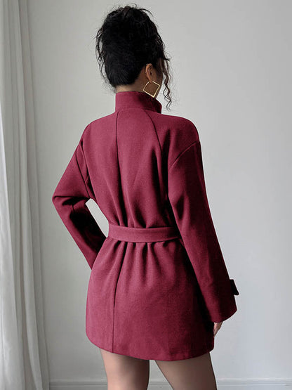 Elasticated Waist High Waisted Asymmetric Buttoned Solid Color Tied Waist Stand Collar Outerwear