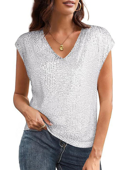 Batwing Sleeves Loose Sequined Shiny V-Neck T-Shirts Tops