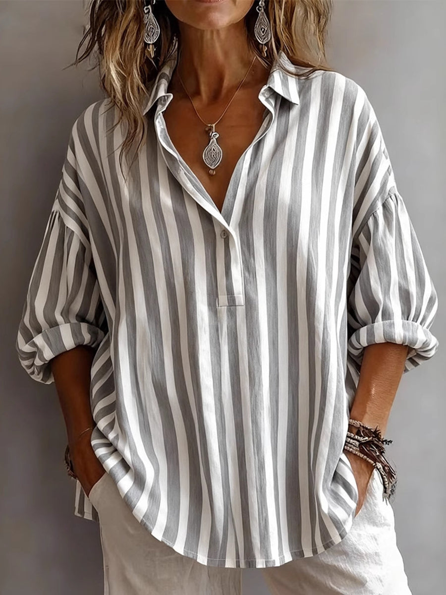 Long Sleeves Loose Buttoned Contrast Color Striped Lapel Blouses&Shirts Tops