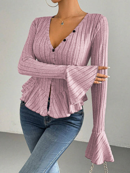 Flared Sleeves Long Sleeves Buttoned Ruffled Solid Color Split-Joint Deep V-Neck T-Shirts Tops