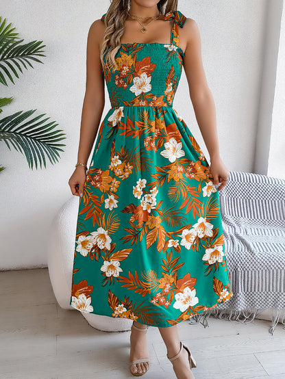 A-Line Loose Contrast Color Elasticity Flower Print Tied Spaghetti-Neck Midi Dresses