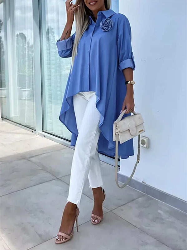 Half Sleeves High-Low Buttoned Pockets Solid Color Lapel Blouses&Shirts Tops