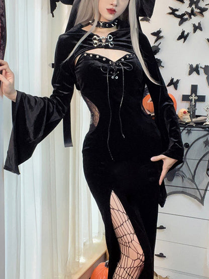 Flared Hooded Outer + Hollow Split-Side Midi Dress Two Pieces Set