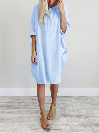 Long Sleeves Loose Pockets Solid Color Round-Neck Mini Dresses