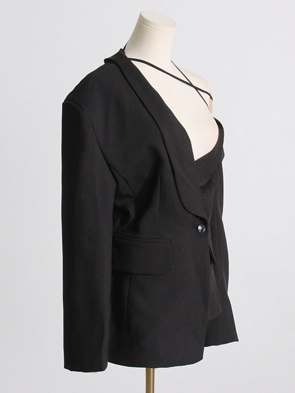 Long Sleeves Loose Asymmetric Buttoned Hollow Solid Color Tied Asymmetric Collar Blazer