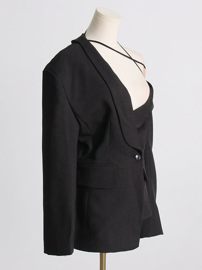Long Sleeves Loose Asymmetric Buttoned Hollow Solid Color Tied Asymmetric Collar Blazer