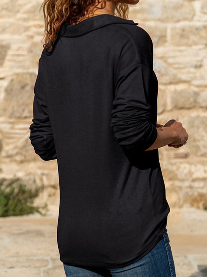 Long Sleeves Loose Solid Color Split-Joint Lapel T-Shirts Tops