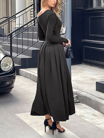 High Waisted Long Sleeves Pleated Solid Color Split-Front One-Shoulder Maxi Dresses