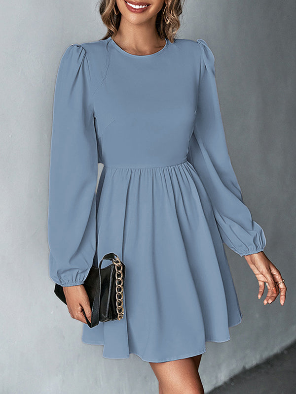 A-Line Bishop Sleeve Backless Elasticity Hollow Pleated Solid Color Tied Round-Neck Mini Dresses