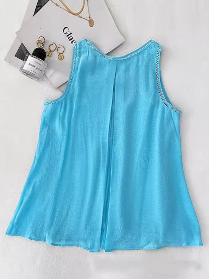 Loose Sleeveless Solid Color Split-Back Split-Front Split-Joint Round-Neck Vest Top
