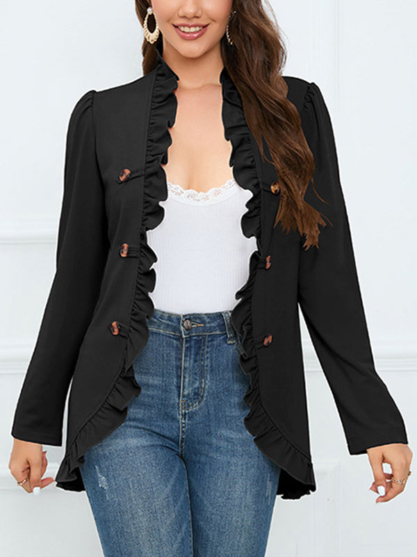 Long Sleeves Loose Buttoned Ruffled Collarless Outerwear