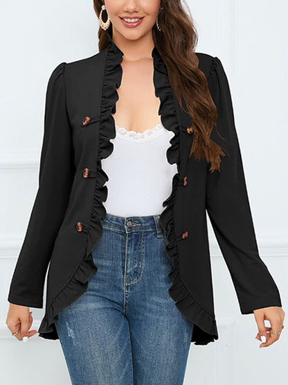 Long Sleeves Loose Buttoned Ruffled Collarless Outerwear