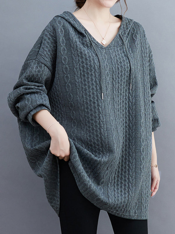 Hooded Long Sleeves Drawstring Jacquard Solid Color Split-Joint Hoodies Tops