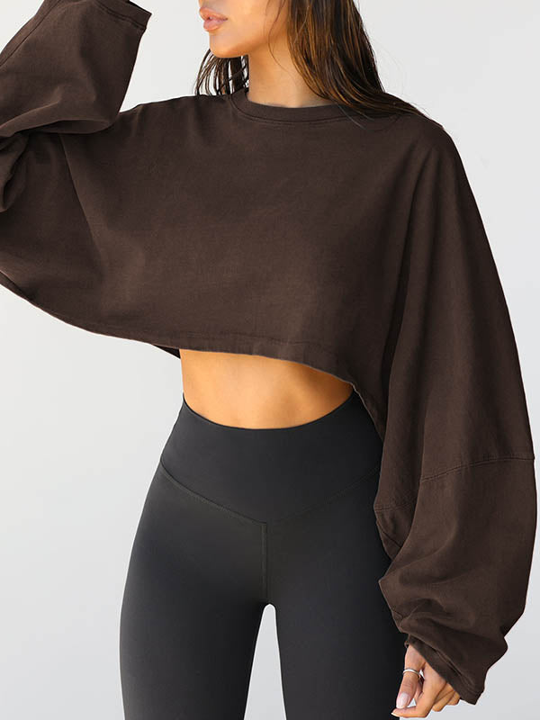 Long Sleeves Loose Solid Color Split-Joint Round-Neck Sweatshirt Tops