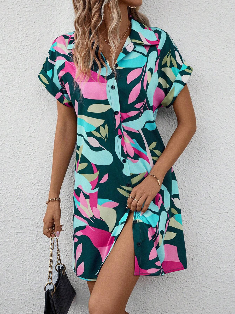 Short Sleeves Buttoned Contrast Color Printed Lapel Mini Dresses Shirt Dress