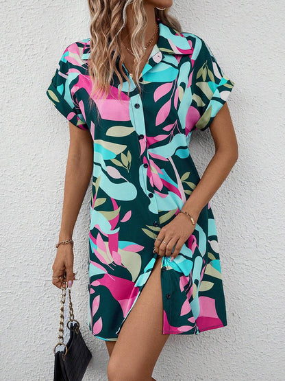 Short Sleeves Buttoned Contrast Color Printed Lapel Mini Dresses Shirt Dress