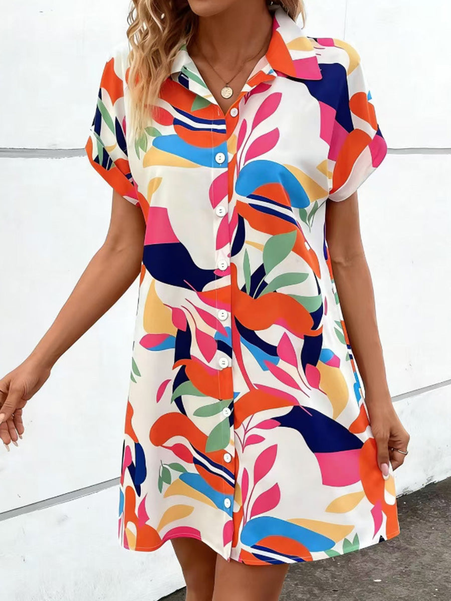 Short Sleeves Buttoned Contrast Color Printed Lapel Mini Dresses Shirt Dress