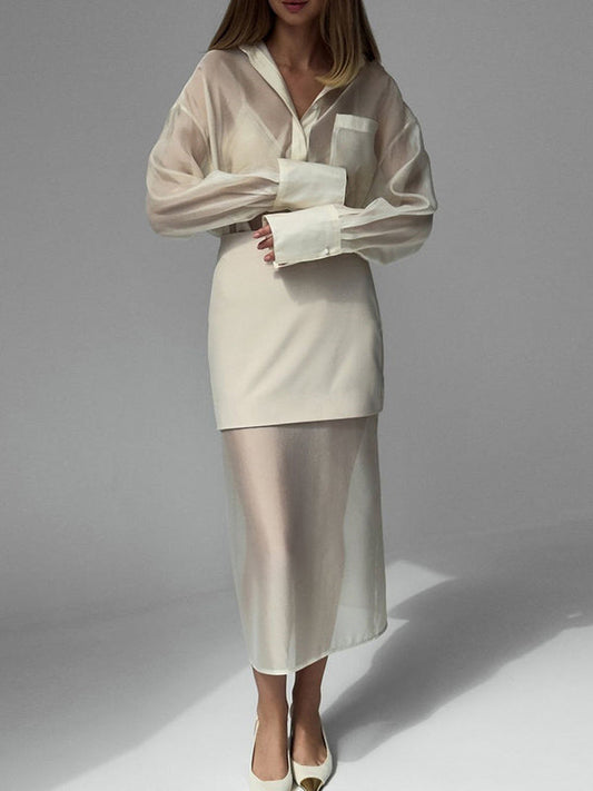 Loose Solid Color See-Through Long Sleeves Lapel Blouse + Skirt Two Pieces Set