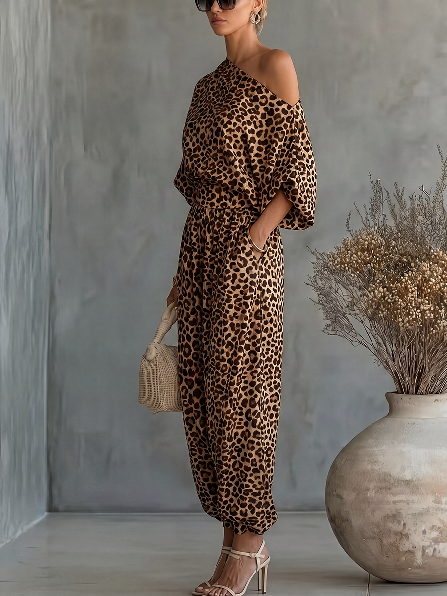 Half Sleeves Leopard Printed One-Shoulder Blouses&Shirts Tops + Pleated Pockets High Waisted Ankle-Tied Pants Trousers Two Pieces Set