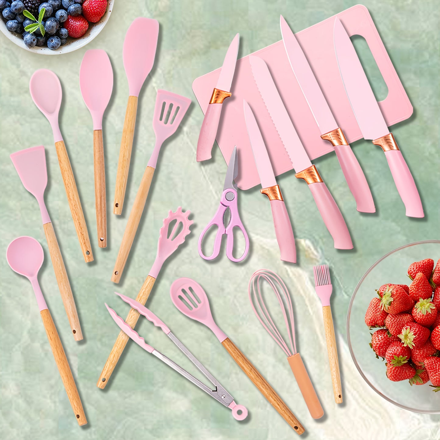 19pcs Silicone Kitchenware And Kitchen Knife Set | Heat Resistant Silicone Cutlery With Wooden Handle | Chef Knife | Non-stick Friendly Tool | Easy To Cook And Clean | Convenient To Carry | Suitable For School, Home, Outdoor Use | Christmas