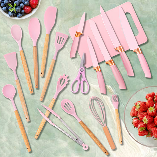 19pcs Silicone Kitchenware And Kitchen Knife Set | Heat Resistant Silicone Cutlery With Wooden Handle | Chef Knife | Non-stick Friendly Tool | Easy To Cook And Clean | Convenient To Carry | Suitable For School, Home, Outdoor Use | Christmas