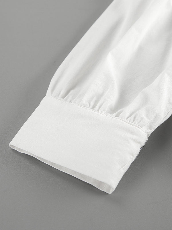 Solid Color Puff Sleeves Split-Joint Stand Collar Blouses + Pleated High Waisted Skirts Two Pieces Set