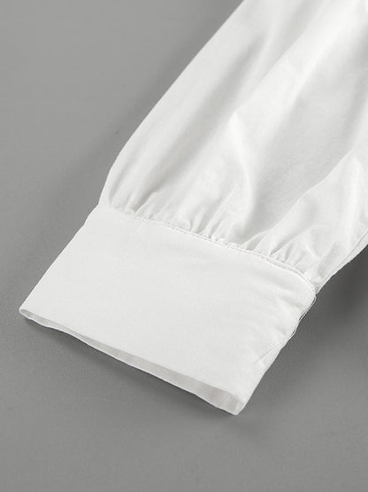 Solid Color Puff Sleeves Split-Joint Stand Collar Blouses + Pleated High Waisted Skirts Two Pieces Set
