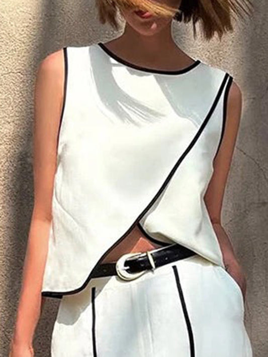 Sleeveless Asymmetric Split-Joint Round-Neck Tank Top