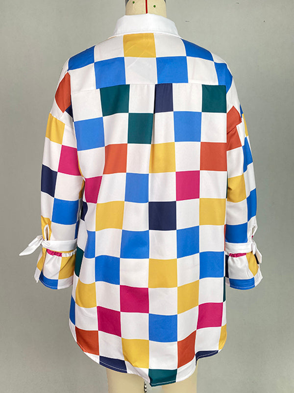 Long Sleeves Loose Buttoned Contrast Color Plaid Tied Stand Collar Blouses&Shirts Tops