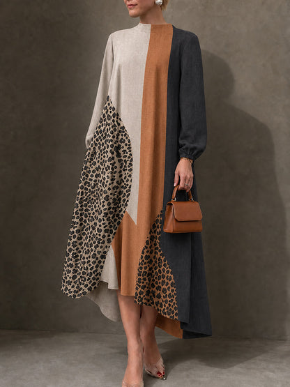 Zipper Split-Joint Leopard Elasticity Contrast Color Loose Long Sleeves Round-neck Maxi Dresses
