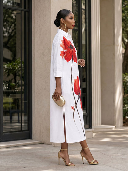 Split-side Pockets Flower Print Contrast Color Buttoned Three-quarter Sleeves Loose Lapel Shirt Dress Maxi Dresses