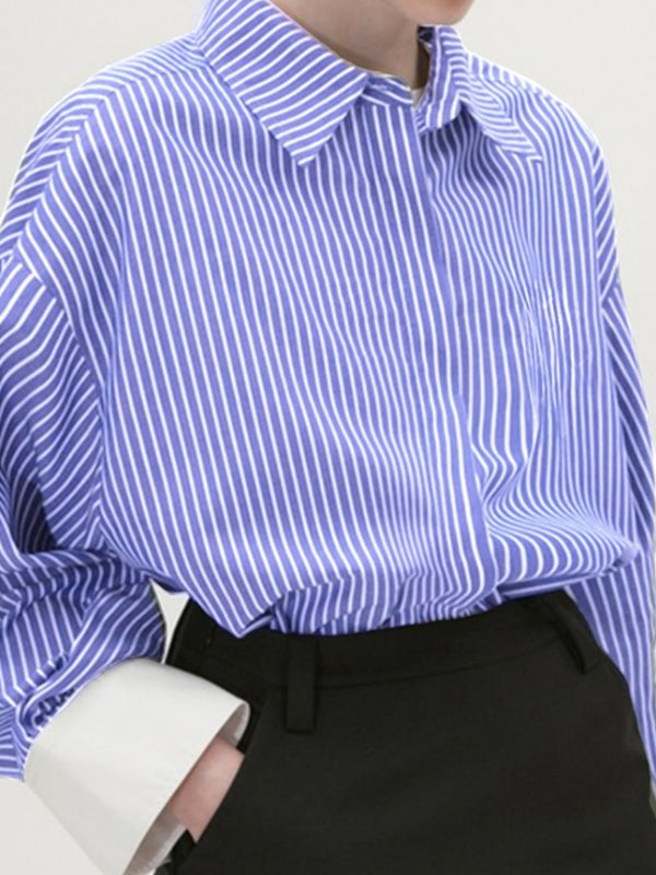 Long Sleeves Loose Buttoned Split-Joint Striped Lapel Blouses&Shirts Tops