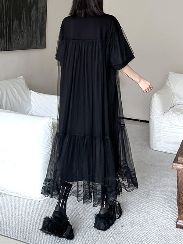 Fake Two-Piece Loose Gauze Pleated Solid Color Split-Joint Tiered Round-Neck Midi Dresses