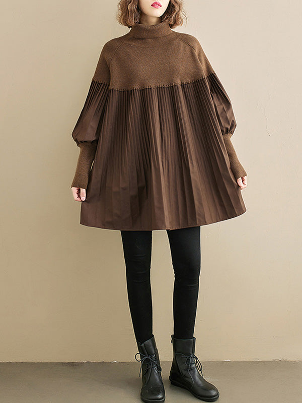 Knitting Pleats Split-Joint High-Neck Pullover Top